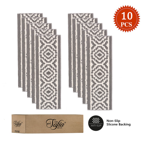 Camilla Gray/White Authentic Turkish Premium Quality Stair Rugs - Medium Pile - Machine Washable Indoor Carpet Stair Treads-Multi Pack Sets With TPE Backing