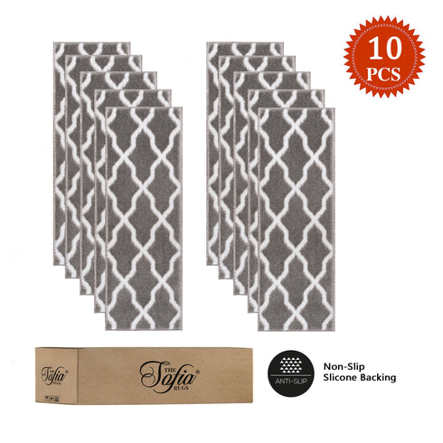 Beatrice Gray/White Authentic Turkish Premium Quality Stair Rugs - Medium Pile - Machine Washable Indoor Carpet Stair Treads-Multi Pack Sets With TPE Backing