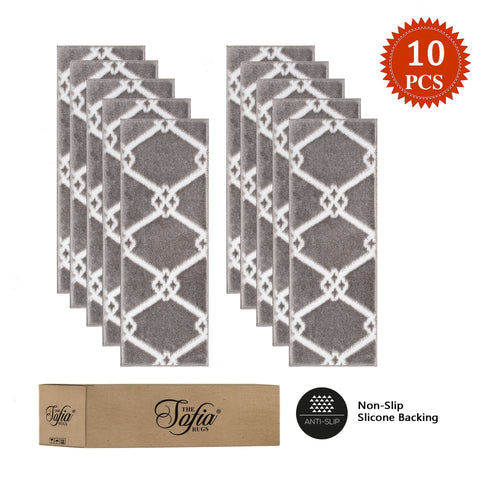 Octavia Gray/White Authentic Turkish Premium Quality Stair Rugs - Medium Pile - Machine Washable Indoor Carpet Stair Treads-Multi Pack Sets With TPE Backing