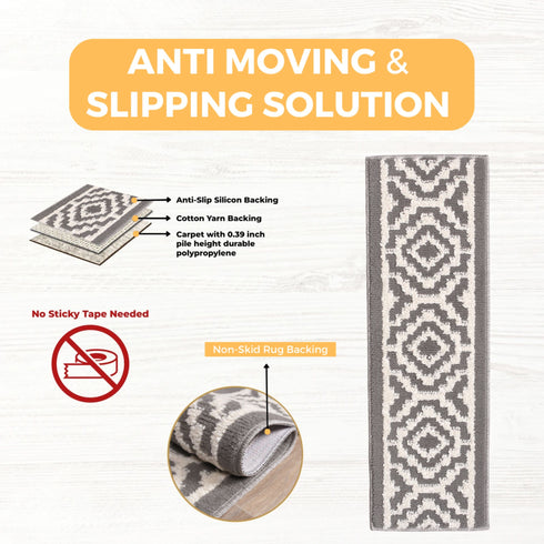 Camilla Gray/White Authentic Turkish Premium Quality Stair Rugs - Medium Pile - Machine Washable Indoor Carpet Stair Treads-Multi Pack Sets With TPE Backing