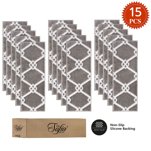 Octavia Gray/White Authentic Turkish Premium Quality Stair Rugs - Medium Pile - Machine Washable Indoor Carpet Stair Treads-Multi Pack Sets With TPE Backing