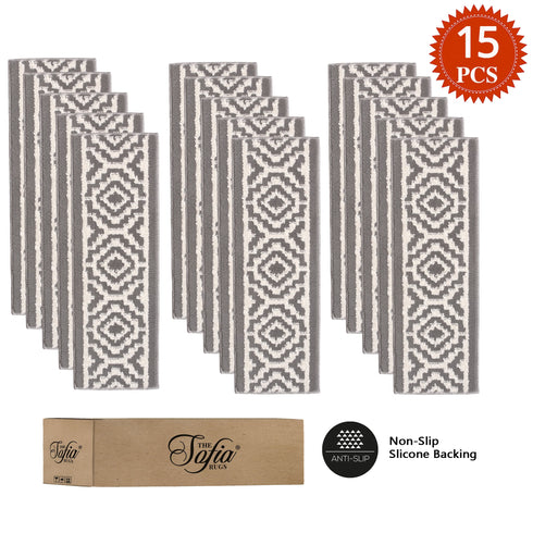 Camilla Gray/White Authentic Turkish Premium Quality Stair Rugs - Medium Pile - Machine Washable Indoor Carpet Stair Treads-Multi Pack Sets With TPE Backing