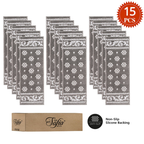 Ajnur Gray/White Authentic Turkish Premium Quality Stair Rugs - Medium Pile - Machine Washable Indoor Carpet Stair Treads-Multi Pack Sets With TPE Backing