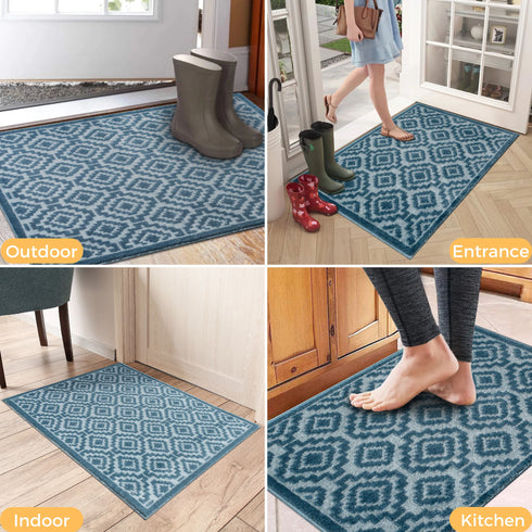 Blue Arcai Entryway Indoor Front Door Authentic Turkish Premium Quality Rugs Washable Boho Entrance Mat with Non Slip TPE Backing