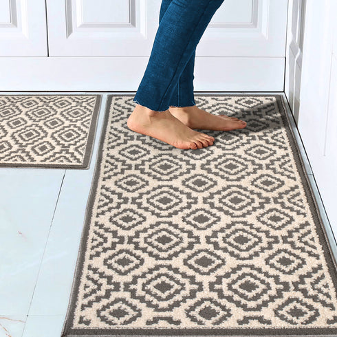 Gray Maze - Machine Washable 2 Piece Premium Turkish Kitchen Rug Set with Non Slip TPR Backing