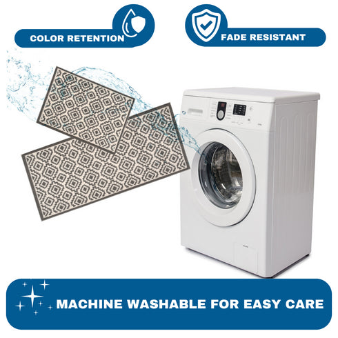 Gray Maze - Machine Washable 2 Piece Premium Turkish Kitchen Rug Set with Non Slip TPR Backing