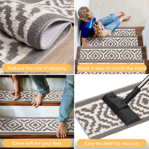 Camilla Gray/White Authentic Turkish Premium Quality Stair Rugs - Medium Pile - Machine Washable Indoor Carpet Stair Treads-Multi Pack Sets With TPE Backing