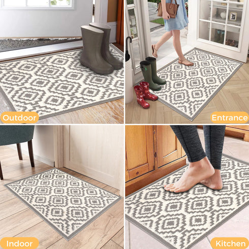Elanor Gray Entryway Indoor Front Door Authentic Turkish Premium Quality Rugs Washable Boho Entrance Mat with Non Slip TPE Backing