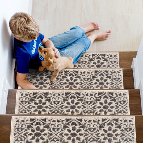 FLorence Beige/Gray Authentic Turkish Premium Quality Stair Rugs - Medium Pile - Machine Washable Indoor Carpet Stair Treads