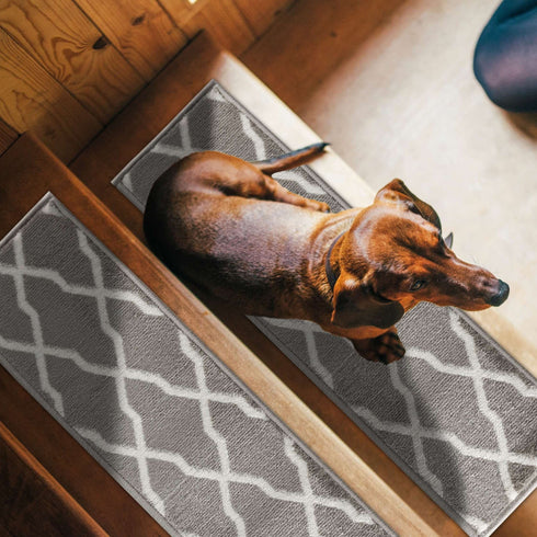 Beatrice Gray/White Authentic Turkish Premium Quality Stair Rugs - Medium Pile - Machine Washable Indoor Carpet Stair Treads-Multi Pack Sets With TPE Backing