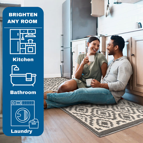 Gray Maze - Machine Washable 2 Piece Premium Turkish Kitchen Rug Set with Non Slip TPR Backing