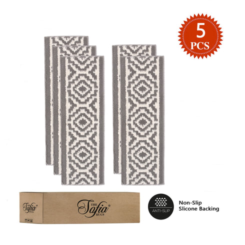 Camilla Gray/White Authentic Turkish Premium Quality Stair Rugs - Medium Pile - Machine Washable Indoor Carpet Stair Treads-Multi Pack Sets With TPE Backing
