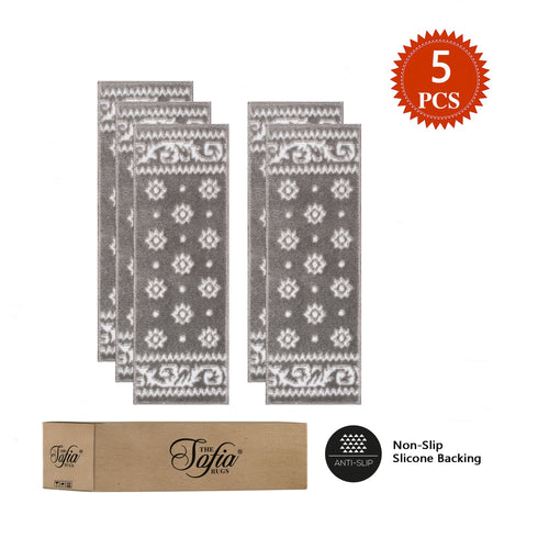 Ajnur Gray/White Authentic Turkish Premium Quality Stair Rugs - Medium Pile - Machine Washable Indoor Carpet Stair Treads-Multi Pack Sets With TPE Backing