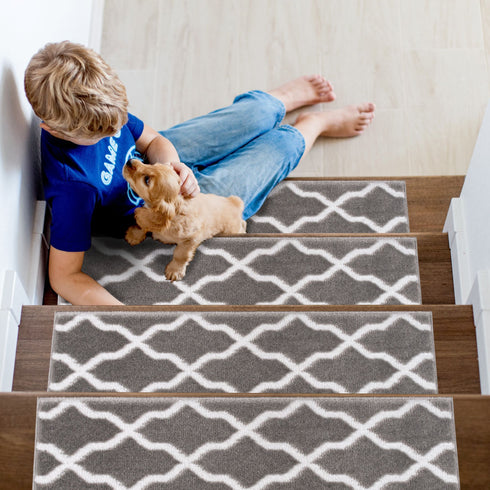 Beatrice Gray/White Authentic Turkish Premium Quality Stair Rugs - Medium Pile - Machine Washable Indoor Carpet Stair Treads-Multi Pack Sets With TPE Backing