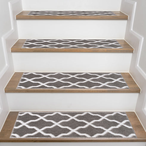 Beatrice Gray/White Authentic Turkish Premium Quality Stair Rugs - Medium Pile - Machine Washable Indoor Carpet Stair Treads-Multi Pack Sets With TPE Backing