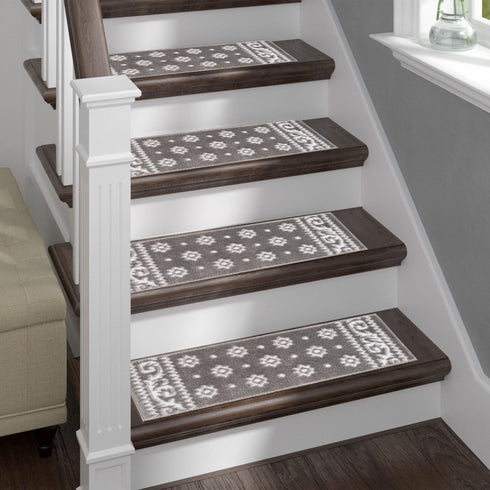Ajnur Gray/White Authentic Turkish Premium Quality Stair Rugs - Medium Pile - Machine Washable Indoor Carpet Stair Treads-Multi Pack Sets With TPE Backing