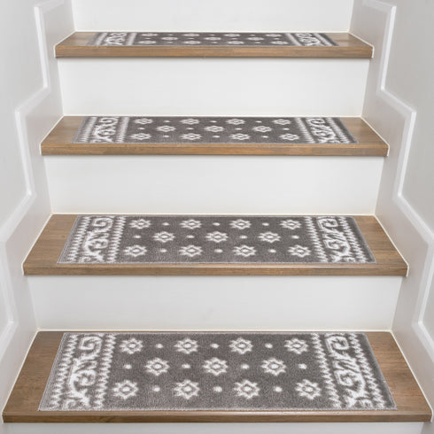 Ajnur Gray/White Authentic Turkish Premium Quality Stair Rugs - Medium Pile - Machine Washable Indoor Carpet Stair Treads-Multi Pack Sets With TPE Backing