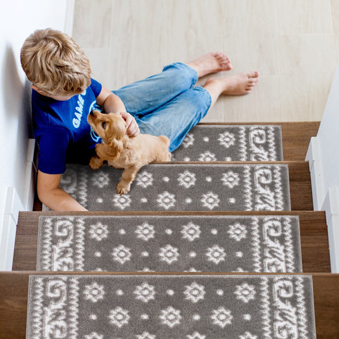 Ajnur Gray/White Authentic Turkish Premium Quality Stair Rugs - Medium Pile - Machine Washable Indoor Carpet Stair Treads-Multi Pack Sets With TPE Backing
