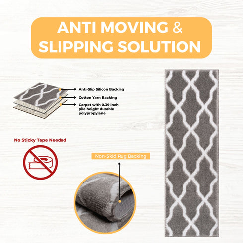 Beatrice Gray/White Authentic Turkish Premium Quality Stair Rugs - Medium Pile - Machine Washable Indoor Carpet Stair Treads-Multi Pack Sets With TPE Backing