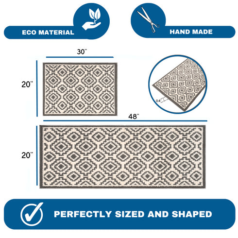 Gray Maze - Machine Washable 2 Piece Premium Turkish Kitchen Rug Set with Non Slip TPR Backing