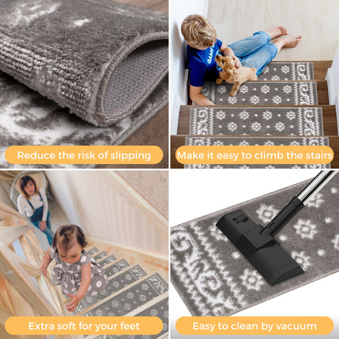 Ajnur Gray/White Authentic Turkish Premium Quality Stair Rugs - Medium Pile - Machine Washable Indoor Carpet Stair Treads-Multi Pack Sets With TPE Backing
