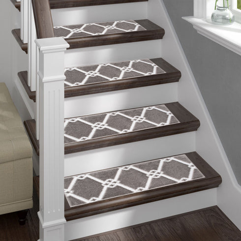 Octavia Gray/White Authentic Turkish Premium Quality Stair Rugs - Medium Pile - Machine Washable Indoor Carpet Stair Treads-Multi Pack Sets With TPE Backing