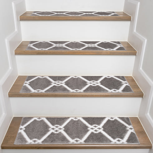 Octavia Gray/White Authentic Turkish Premium Quality Stair Rugs - Medium Pile - Machine Washable Indoor Carpet Stair Treads-Multi Pack Sets With TPE Backing