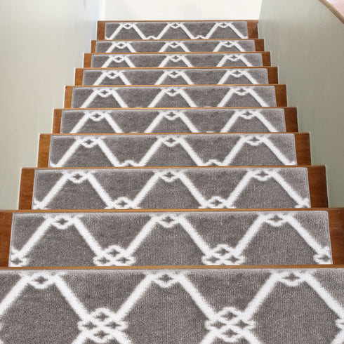 Octavia Gray/White Authentic Turkish Premium Quality Stair Rugs - Medium Pile - Machine Washable Indoor Carpet Stair Treads-Multi Pack Sets With TPE Backing