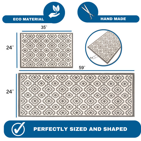 Gray Maze - Machine Washable 2 Piece Premium Turkish Kitchen Rug Set with Non Slip TPR Backing