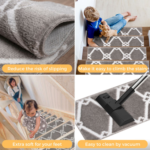 Octavia Gray/White Authentic Turkish Premium Quality Stair Rugs - Medium Pile - Machine Washable Indoor Carpet Stair Treads-Multi Pack Sets With TPE Backing