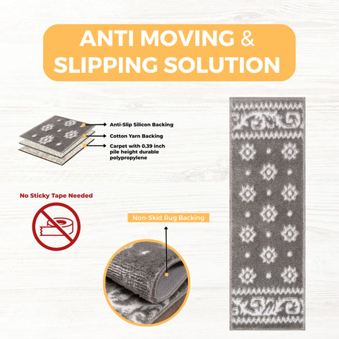 Ajnur Gray/White Authentic Turkish Premium Quality Stair Rugs - Medium Pile - Machine Washable Indoor Carpet Stair Treads-Multi Pack Sets With TPE Backing