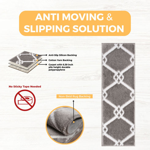 Octavia Gray/White Authentic Turkish Premium Quality Stair Rugs - Medium Pile - Machine Washable Indoor Carpet Stair Treads-Multi Pack Sets With TPE Backing