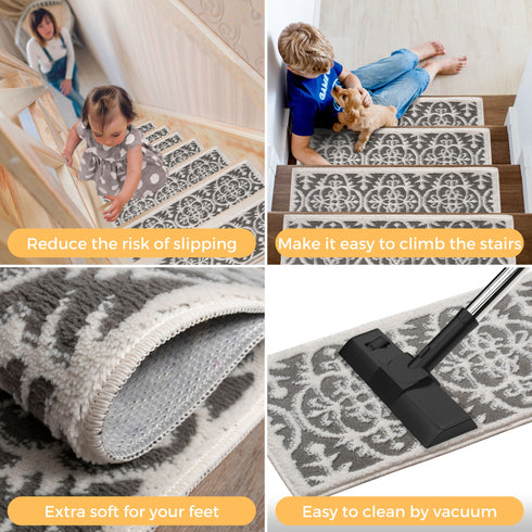 Clementine Beige/Gray Authentic Turkish Premium Quality Stair Rugs - Medium Pile - Machine Washable Indoor Carpet Stair Treads