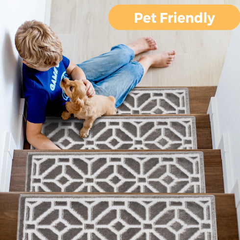 Ophelia Gray/White Authentic Turkish Premium Quality Stair Rugs - Medium Pile - Machine Washable Indoor Carpet Stair Treads-Multi Pack Sets With TPE Backing