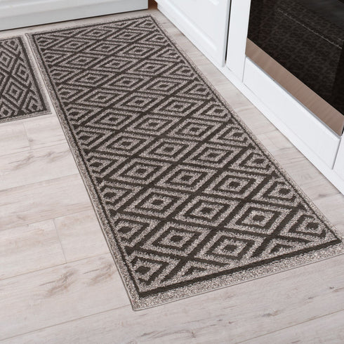 Silver Diamond - Machine Washable 2 Piece Premium Turkish Kitchen Rug Set with Non Slip TPR Backing