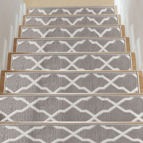 Beatrice Gray/White Authentic Turkish Premium Quality Stair Rugs - Medium Pile - Machine Washable Indoor Carpet Stair Treads-Multi Pack Sets With TPE Backing