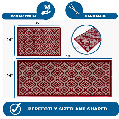 Red Arcai - Machine Washable 2 Piece Premium Turkish Kitchen Rug Set with Non Slip TPR Backing