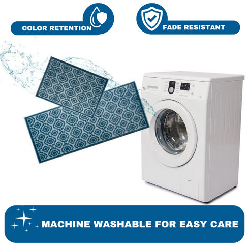 Blue Cecila - Machine Washable 2 Piece Premium Turkish Kitchen Rug Set with Non Slip TPR Backing