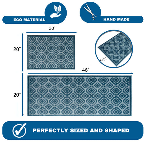 Blue Cecila - Machine Washable 2 Piece Premium Turkish Kitchen Rug Set with Non Slip TPR Backing
