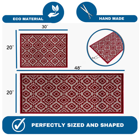 Red Arcai - Machine Washable 2 Piece Premium Turkish Kitchen Rug Set with Non Slip TPR Backing