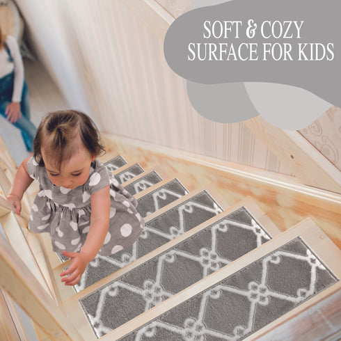 Octavia Gray/White Authentic Turkish Premium Quality Stair Rugs - Medium Pile - Machine Washable Indoor Carpet Stair Treads-Multi Pack Sets With TPE Backing