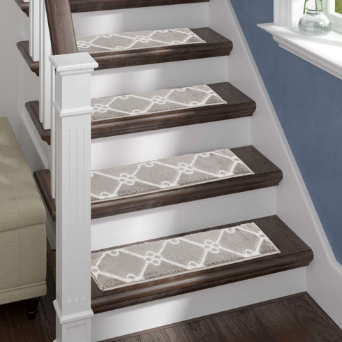 Octavia Gray/White Authentic Turkish Premium Quality Stair Rugs - Medium Pile - Machine Washable Indoor Carpet Stair Treads-Multi Pack Sets With TPE Backing