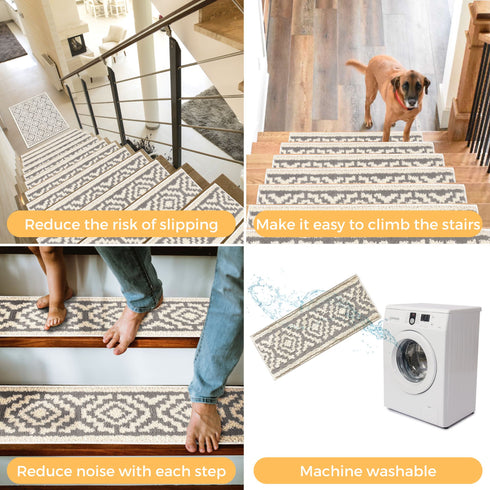 Elanor Turkish Treasures Stair Treads Rubber TPE Backed Machine Washable Medium Pile Indoor Carpet stair treads