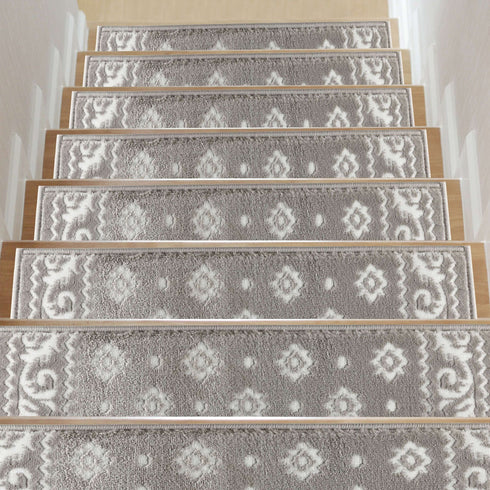 Ajnur Gray/White Authentic Turkish Premium Quality Stair Rugs - Medium Pile - Machine Washable Indoor Carpet Stair Treads-Multi Pack Sets With TPE Backing
