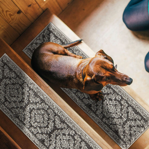 Anastacia Dark Gray Stair Tread Premium Turkish Rugs Machine Washable with Rubber Backing