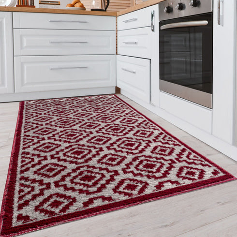 Red Arcai - Machine Washable 2 Piece Premium Turkish Kitchen Rug Set with Non Slip TPR Backing