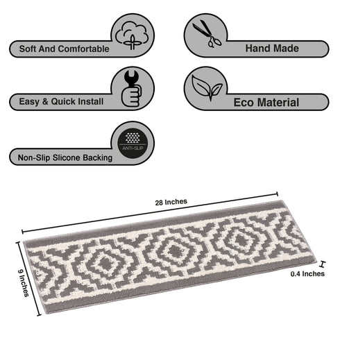 Camilla Gray/White Authentic Turkish Premium Quality Stair Rugs - Medium Pile - Machine Washable Indoor Carpet Stair Treads-Multi Pack Sets With TPE Backing