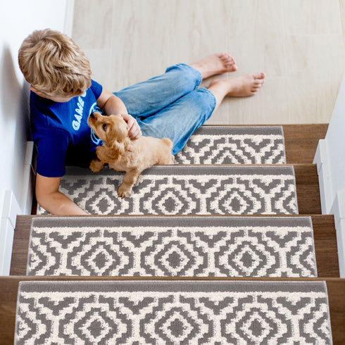 Camilla Gray/White Authentic Turkish Premium Quality Stair Rugs - Medium Pile - Machine Washable Indoor Carpet Stair Treads-Multi Pack Sets With TPE Backing