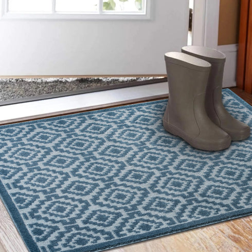 Blue Arcai Entryway Indoor Front Door Authentic Turkish Premium Quality Rugs Washable Boho Entrance Mat with Non Slip TPE Backing
