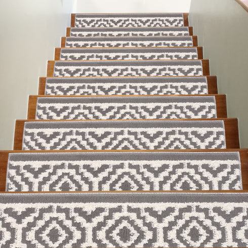 Camilla Gray/White Authentic Turkish Premium Quality Stair Rugs - Medium Pile - Machine Washable Indoor Carpet Stair Treads-Multi Pack Sets With TPE Backing